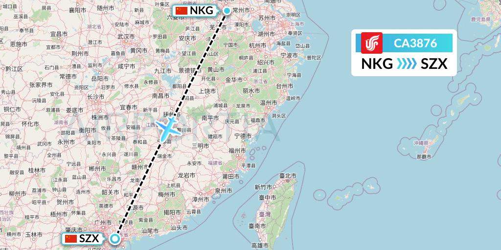 CA3876 Air China Flight Map: Nanjing to Shenzhen