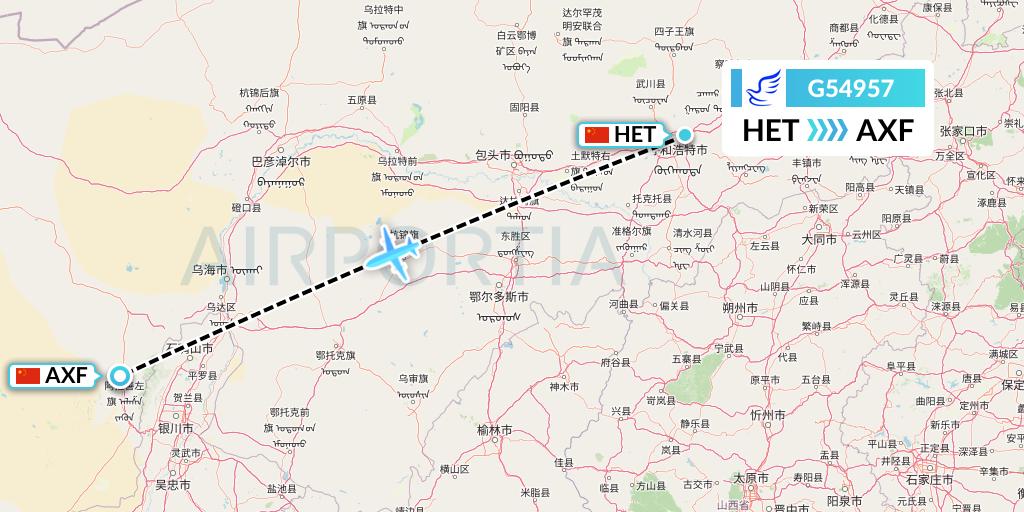 G54957 China Express Airlines Flight Map: Hohhot to Yinchuan