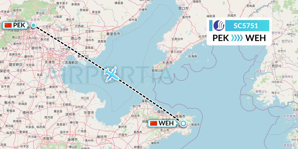 SC5751 Shandong Airlines Flight Map: Beijing to Weihai
