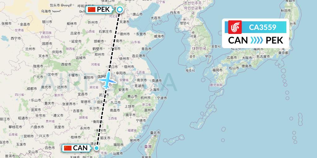 CA3559 Air China Flight Map: Guangzhou to Beijing