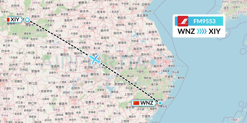 FM9553 Shanghai Airlines Flight Map: Wenzhou to Xi'an