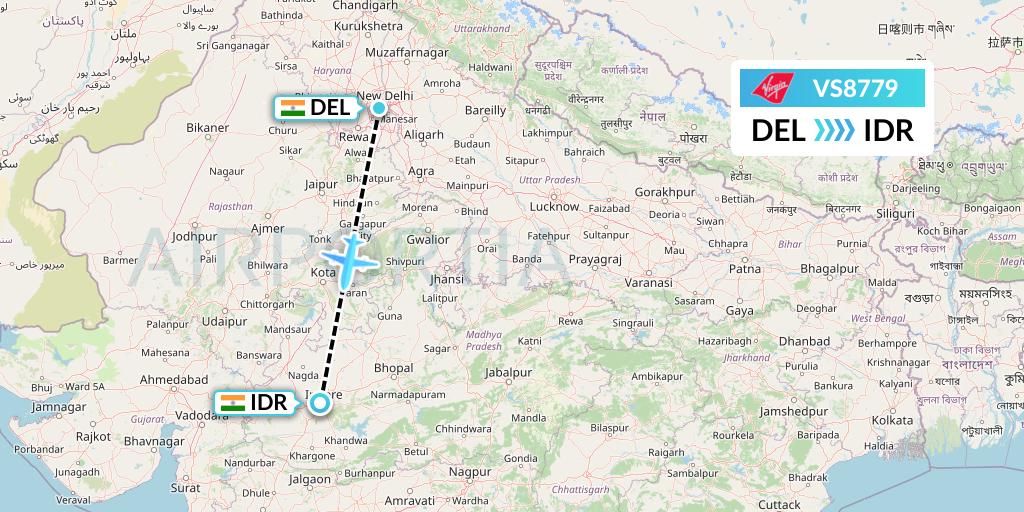 VS8779 Virgin Atlantic Airways Flight Map: Delhi to Indore