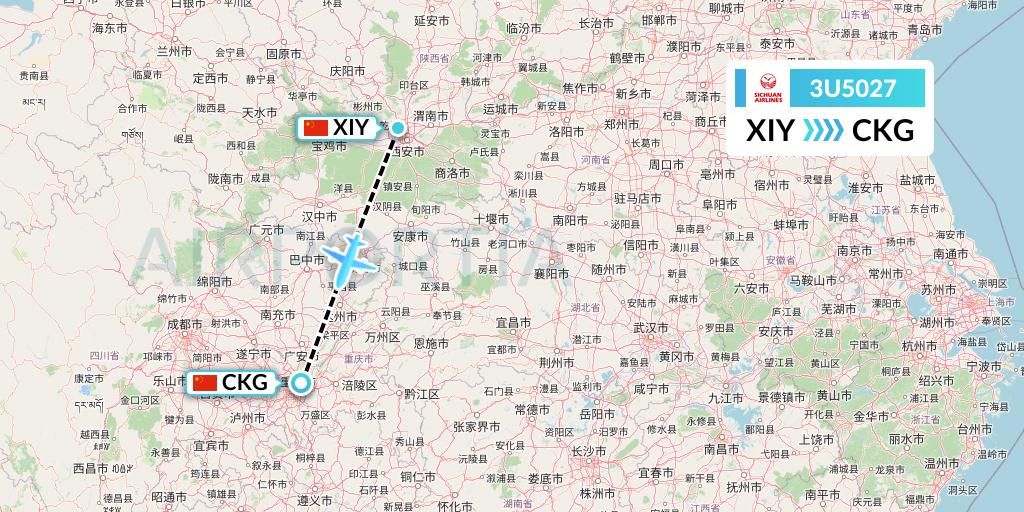 3U5027 Sichuan Airlines Flight Map: Xi'an to Chongqing