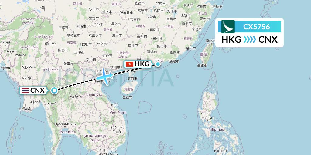 CX5756 Cathay Pacific Flight Map: Hong Kong to Chiang Mai