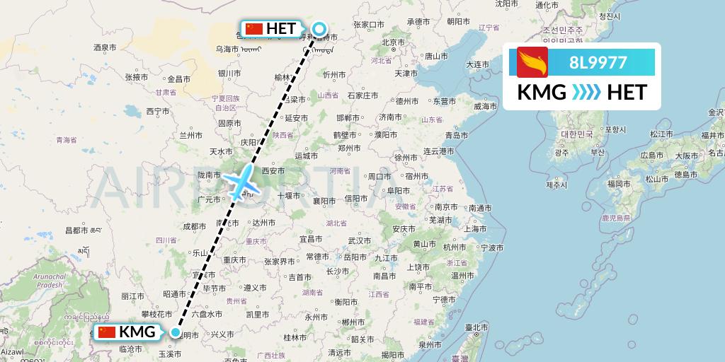 8L9977 Lucky Air Flight Map: Kunming to Hohhot