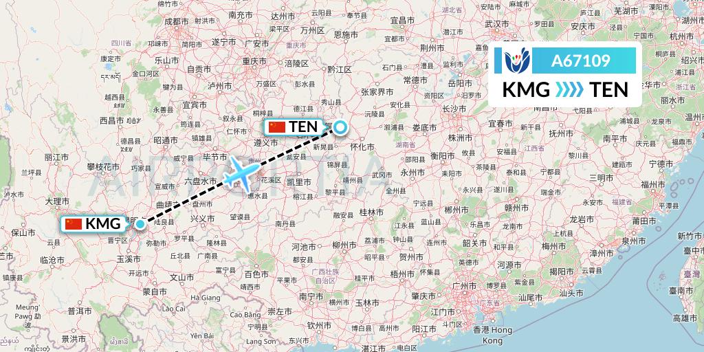 A67109 Hongtu Airlines Flight Map: Kunming to Tongren