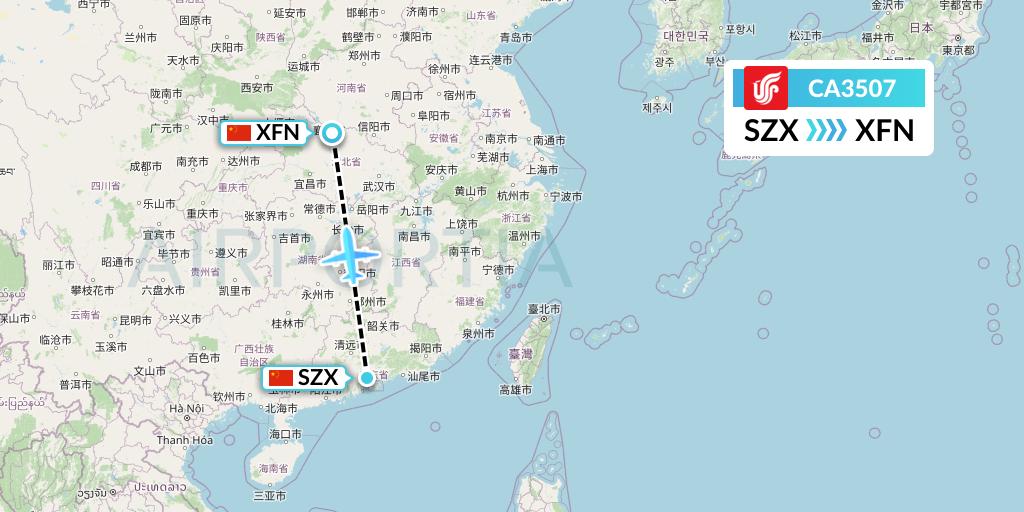 CA3507 Air China Flight Map: Shenzhen to Xiangyang