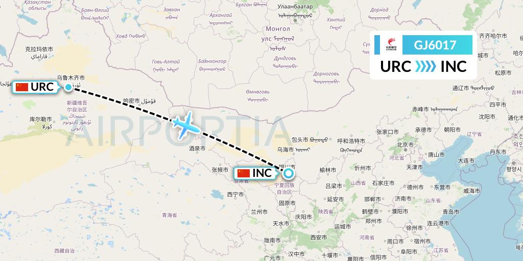 GJ6017 Loong Airlines Flight Map: Urumqi to Yinchuan