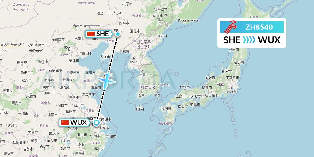 ZH8540 Shenzhen Airlines Flight Map: Shenyang to Wuxi