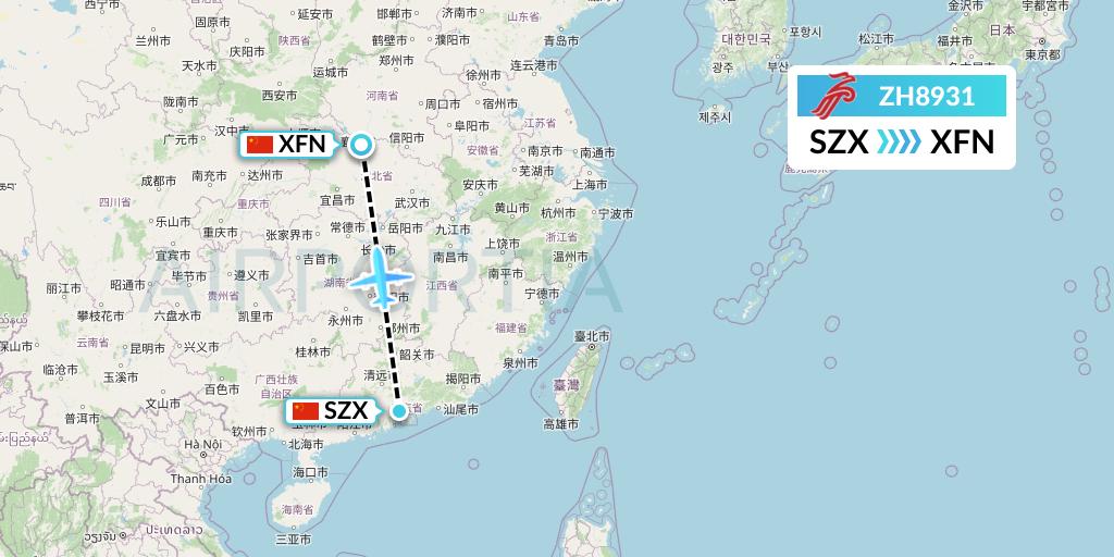 ZH8931 Shenzhen Airlines Flight Map: Shenzhen to Xiangyang