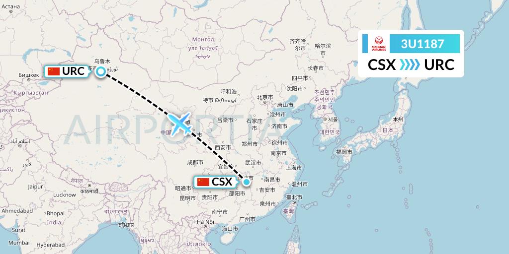 3U1187 Sichuan Airlines Flight Map: Changsha to Urumqi
