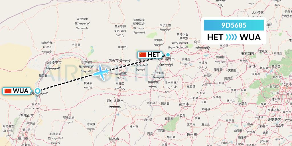 9D5685 Genghis Khan Airlines Flight Map: Hohhot to Wuhai