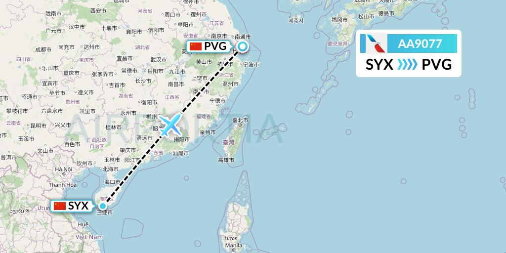 AA9077 American Airlines Flight Map: Sanya to Shanghai