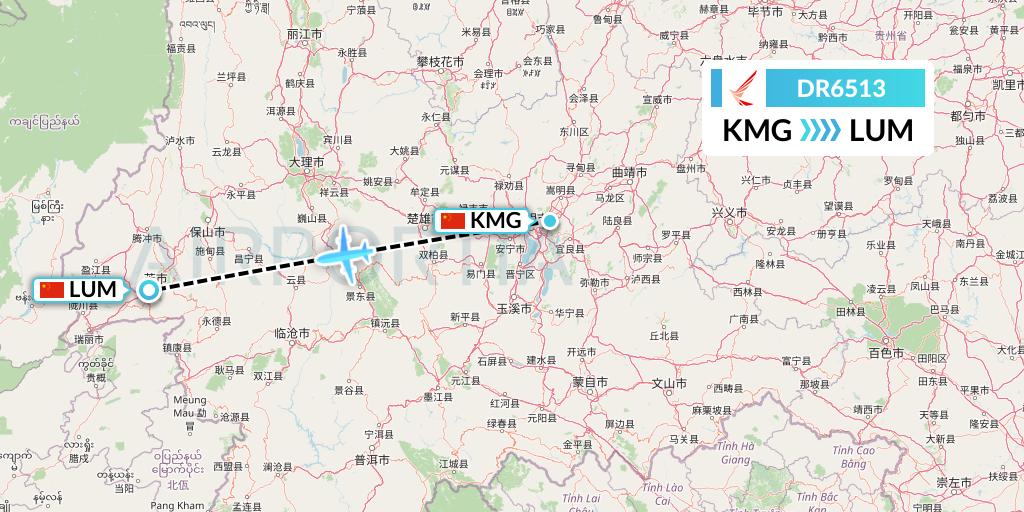 DR6513 Ruili Airlines Flight Map: Kunming to Mangshi
