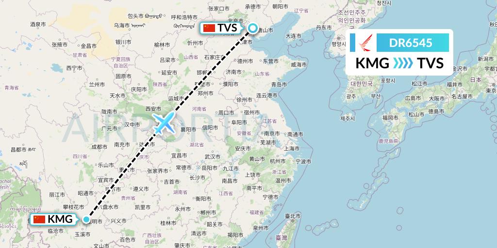 DR6545 Ruili Airlines Flight Map: Kunming to Tangshan