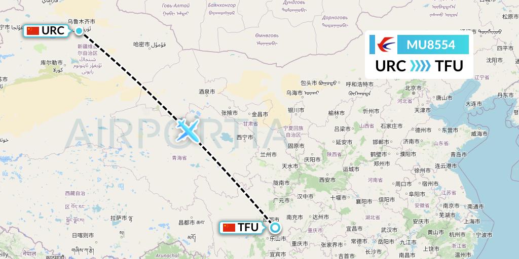 MU8554 China Eastern Airlines Flight Map: Urumqi to Chengdu