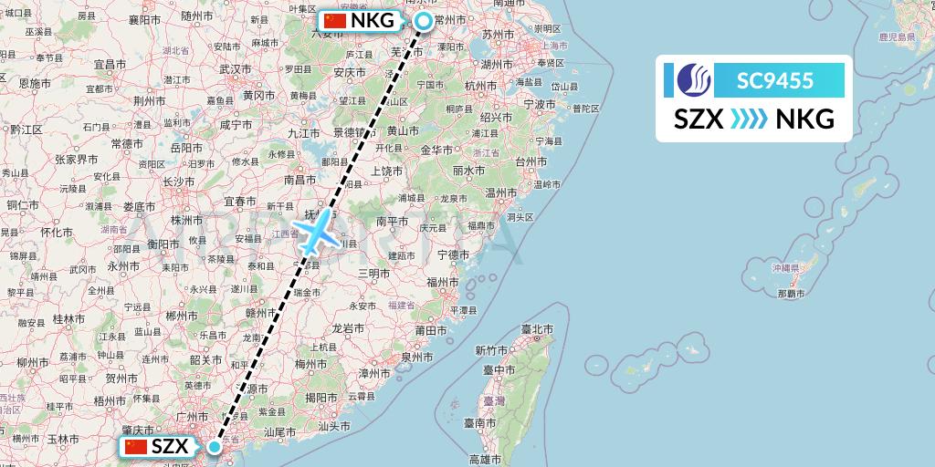 SC9455 Shandong Airlines Flight Map: Shenzhen to Nanjing