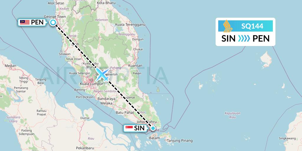 SQ144 Singapore Airlines Flight Map: Singapore to Penang