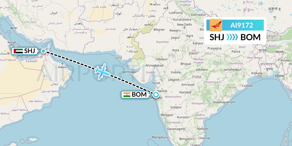 AI9172 Air India Flight Map: Sharjah to Mumbai