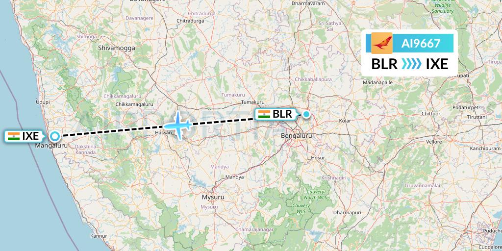 AI9667 Air India Flight Map: Bangalore to Mangalore