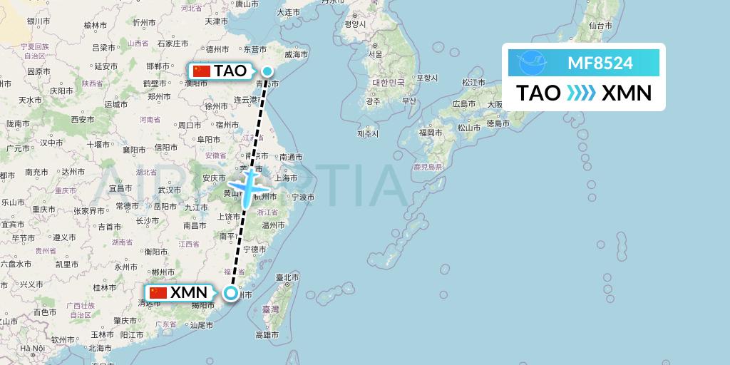 MF8524 Xiamen Airlines Flight Map: Qingdao to Xiamen
