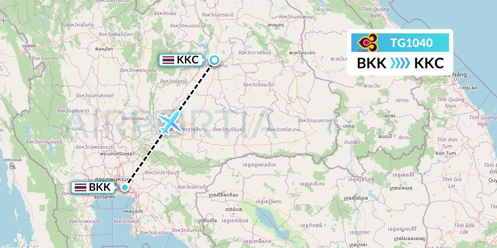 TG1040 Thai Airways Flight Map: Bangkok to Khon Kaen