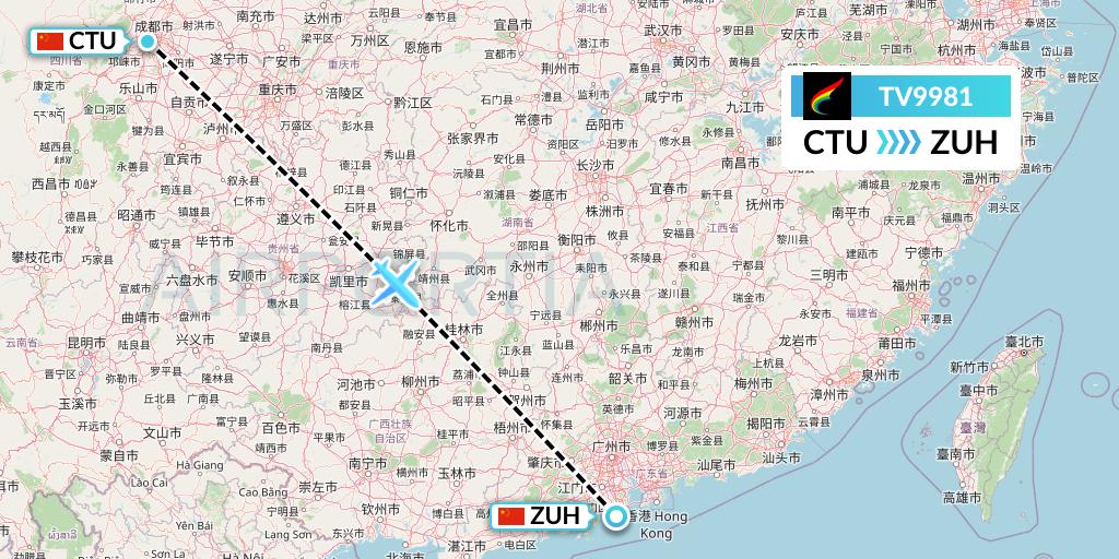 TV9981 Tibet Airlines Flight Map: Chengdu to Zhuhai