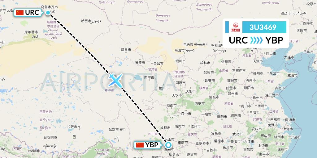 3U3469 Sichuan Airlines Flight Map: Urumqi to Yibin