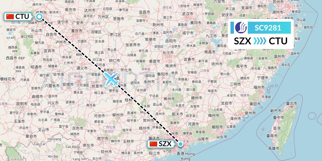 SC9281 Shandong Airlines Flight Map: Shenzhen to Chengdu
