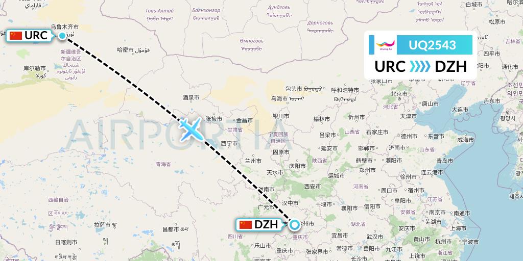 UQ2543 Urumqi Airlines Flight Map: Urumqi to Dazhou