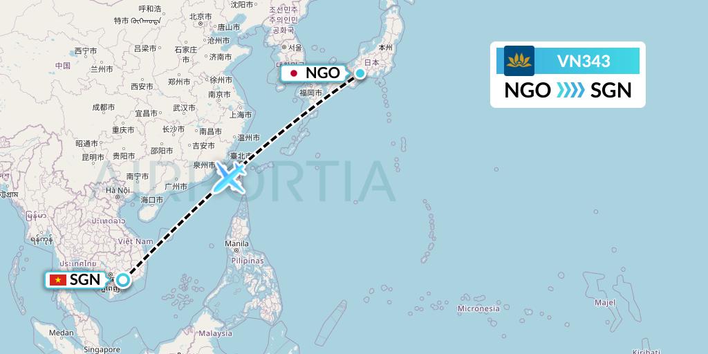 VN343 Vietnam Airlines Flight Map: Nagoya to Ho Chi Minh City