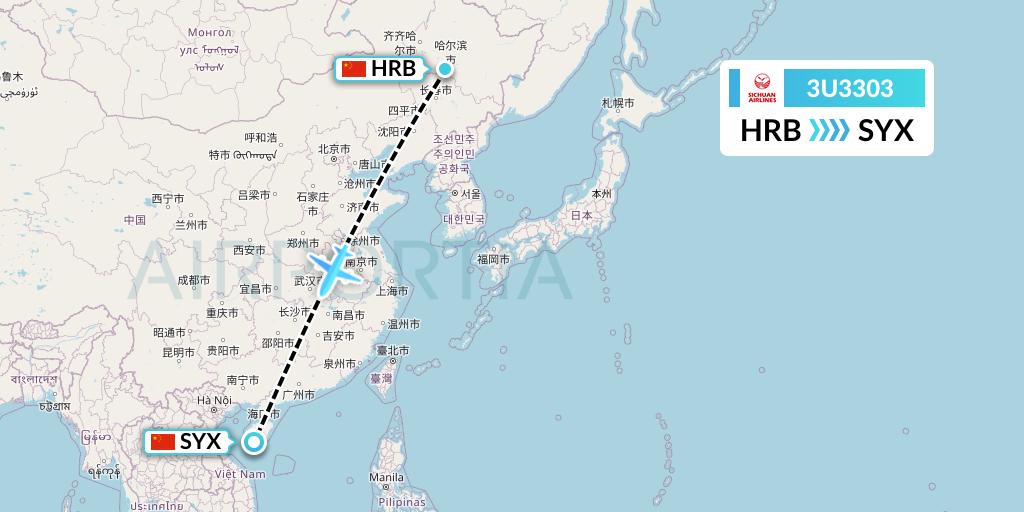 3U3303 Sichuan Airlines Flight Map: Harbin to Sanya