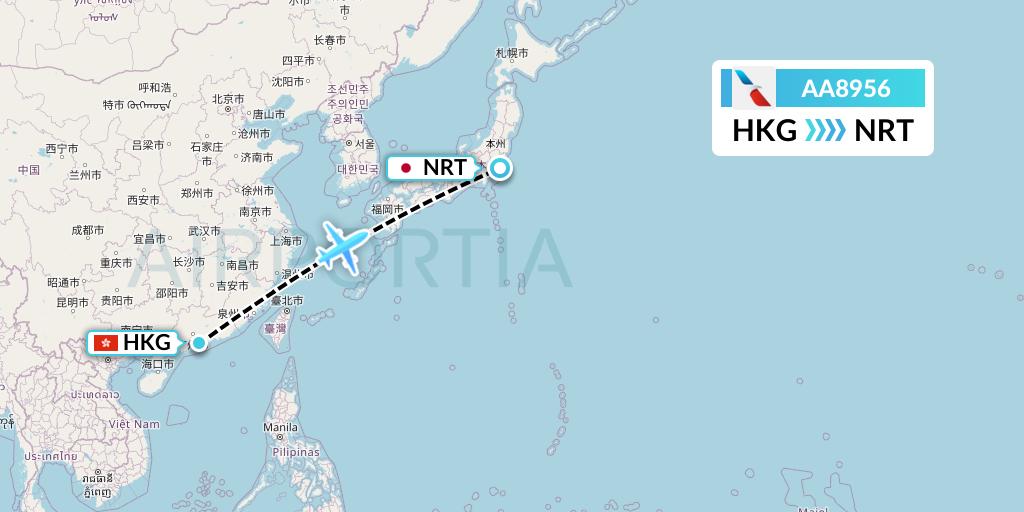 AA8956 American Airlines Flight Map: Hong Kong to Tokyo