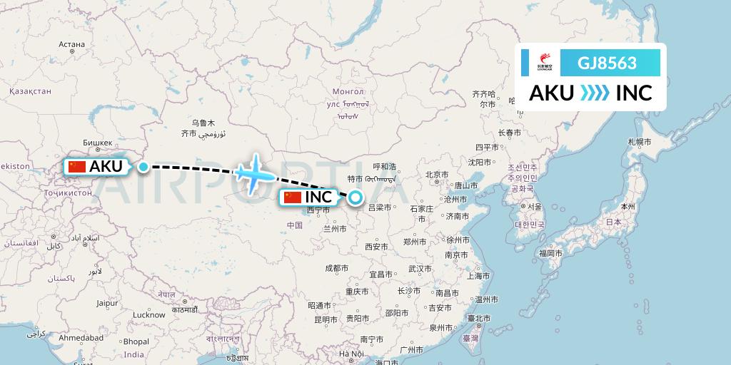 GJ8563 Loong Airlines Flight Map: Aksu to Yinchuan