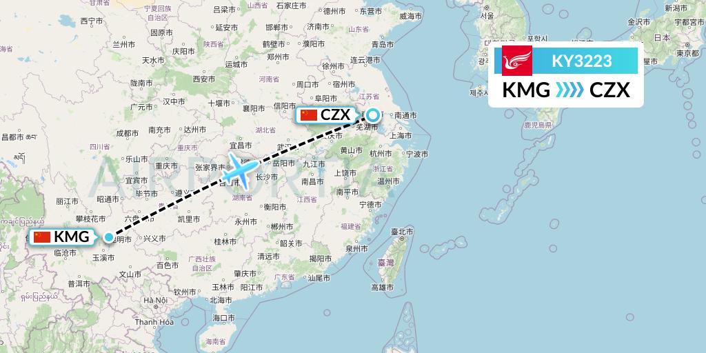 KY3223 Kunming Airlines Flight Map: Kunming to Changzhou