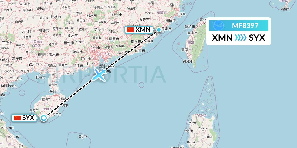 MF8397 Xiamen Airlines Flight Map: Xiamen to Sanya