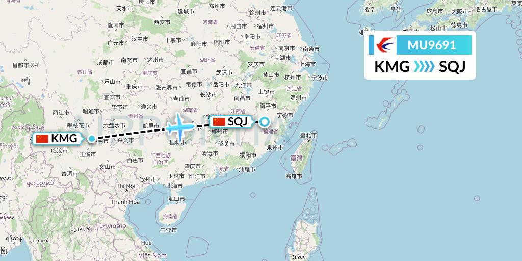 MU9691 China Eastern Airlines Flight Map: Kunming to Fuzhou