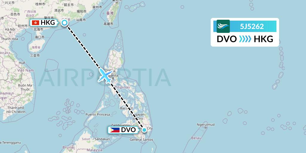 5J5262 CEBU Pacific Air Flight Map: Davao City to Hong Kong