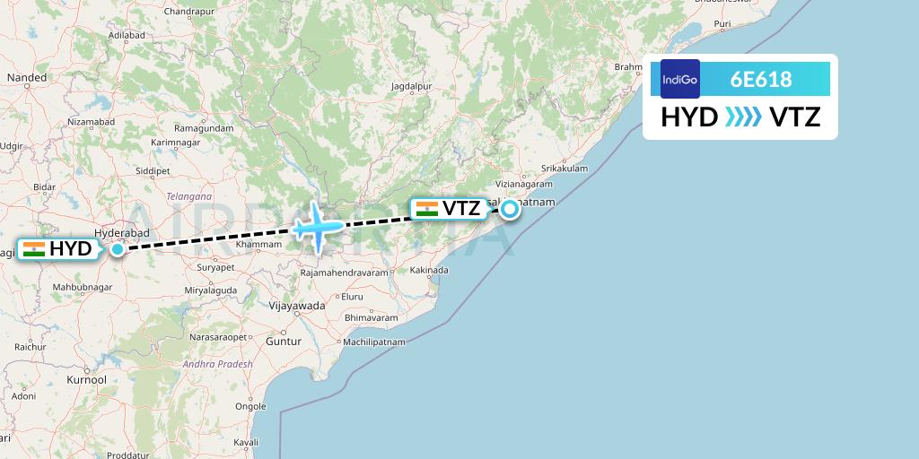6E618 IndiGo Airlines Flight Map: Hyderabad to Visakhapatnam