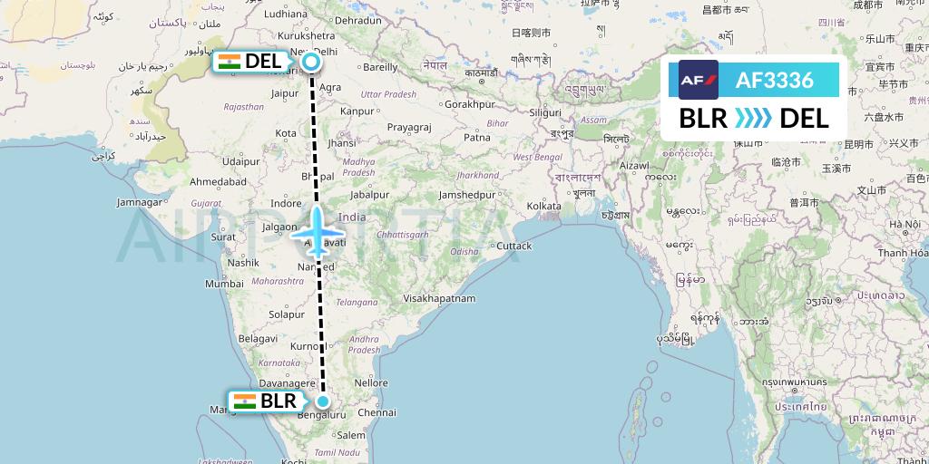 AF3336 Air France Flight Map: Bangalore to Delhi