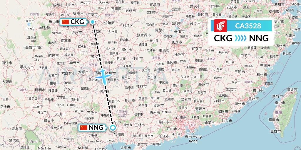 CA3528 Air China Flight Map: Chongqing to Nanning