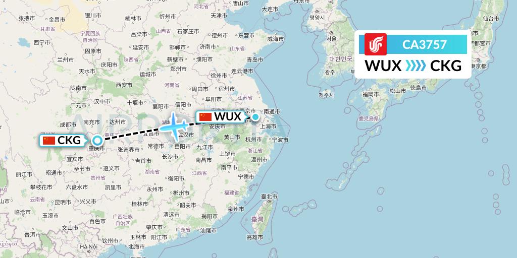CA3757 Air China Flight Map: Wuxi to Chongqing