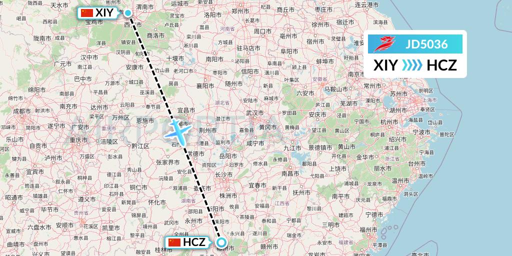 JD5036 Capital Airlines Flight Map: Xi'an to Shaoguan