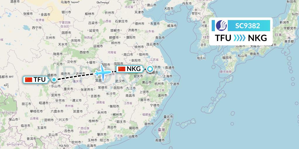 SC9382 Shandong Airlines Flight Map: Chengdu to Nanjing