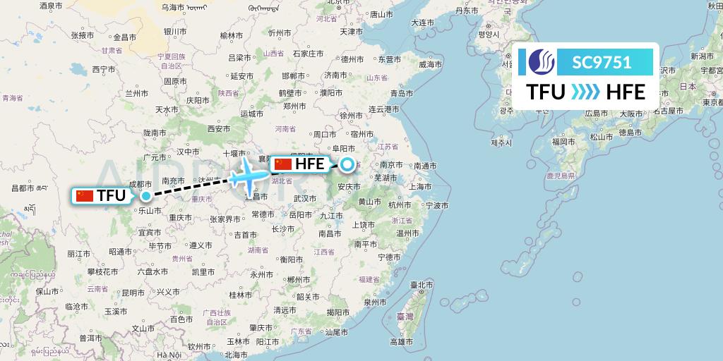 SC9751 Shandong Airlines Flight Map: Chengdu to Hefei