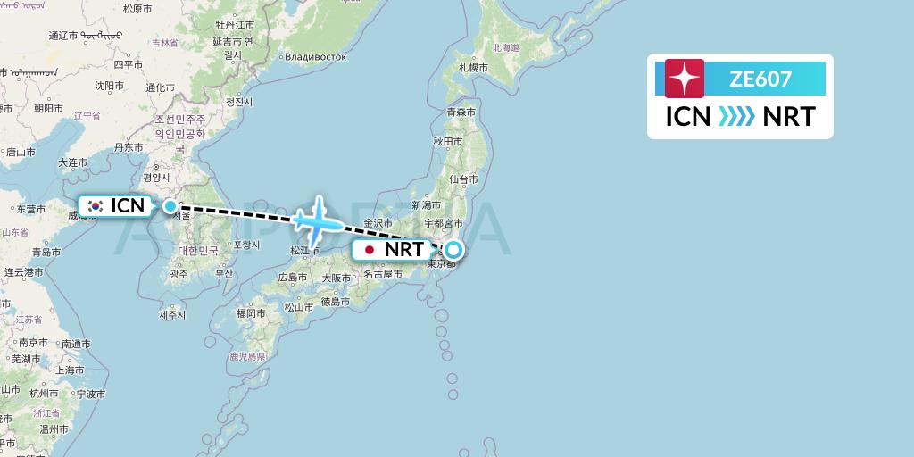 ZE607 Eastar Jet Flight Map: Seoul to Tokyo