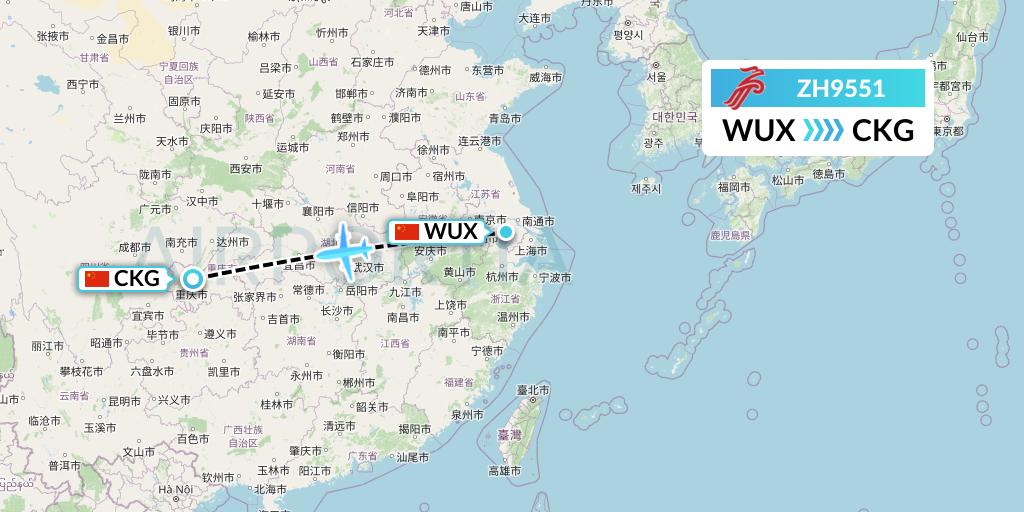 ZH9551 Shenzhen Airlines Flight Map: Wuxi to Chongqing
