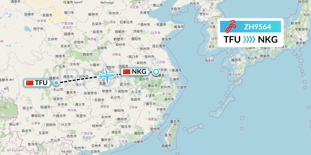 ZH9564 Shenzhen Airlines Flight Map: Chengdu to Nanjing