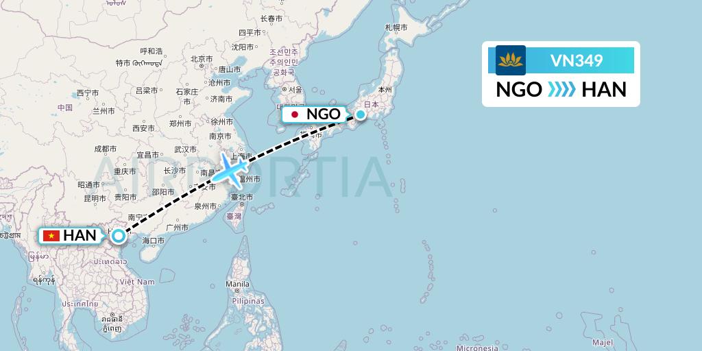 VN349 Vietnam Airlines Flight Map: Nagoya to Hanoi