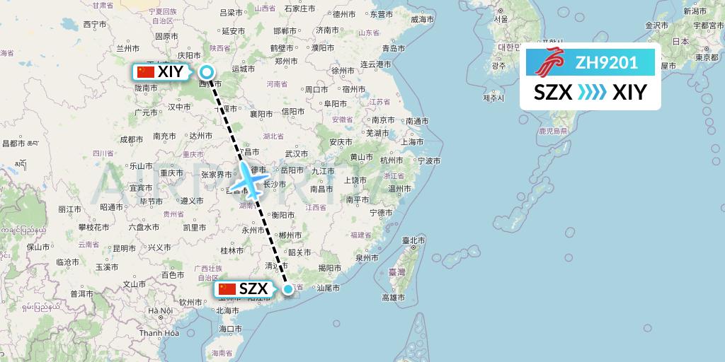 ZH9201 Shenzhen Airlines Flight Map: Shenzhen to Xi'an